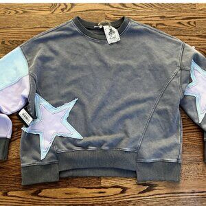 Easel Womens Mineral Washed Star Patch Colorblock Long Sleeve Boho Sweatshirt